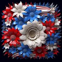 3d rendering of american flag with white, blue and red flowers photo