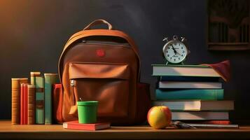 School Backpack, School Back with stationery, back to school concept, Generative AI photo