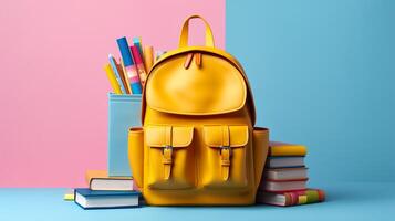 School Backpack, School Back with stationery, back to school concept, Generative AI photo