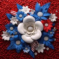 3d rendering of american flag with white, blue and red flowers photo