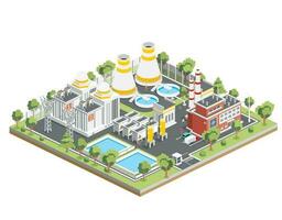 Isometric Nuclear Power Plant. Clean Energy. Generate Electricity. Exterior View of Nuclear Reactor. vector