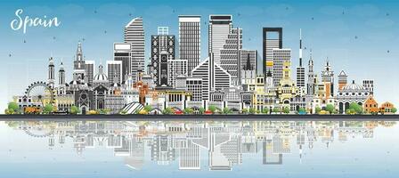 Spain City Skyline with Gray Buildings, Blue Sky and Reflections. Spain Cityscape with Landmarks. Madrid. Barcelona. Valencia. Seville. Zaragoza. vector