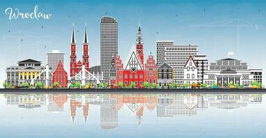 Wroclaw Poland City Skyline with Color Buildings, Blue Sky and Reflections. Wroclaw Cityscape with Landmarks. vector