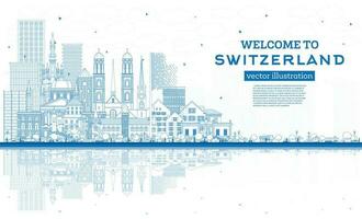 Welcome to Switzerland. Outline City Skyline with Blue Buildings. Switzerland Cityscape with Landmarks. Bern. Basel. Lugano. Zurich. Geneva. vector