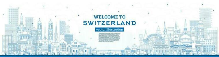 Welcome to Switzerland. Outline City Skyline with Blue Buildings. Switzerland Cityscape with Landmarks. vector