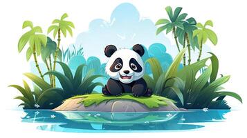 Cute panda illustration with a landscape view, generated by AI photo