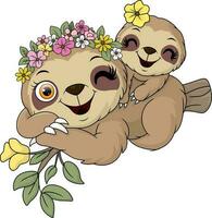 Cute mother and baby sloth cartoon on tree branch vector