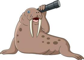 Cute walrus cartoon with binocular vector