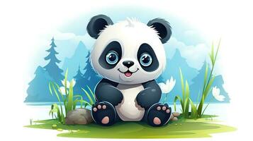 Cute panda illustration with a landscape view, generated by AI photo
