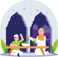 Family Making Ketupat For Eid Al Adha Day Illustration vector