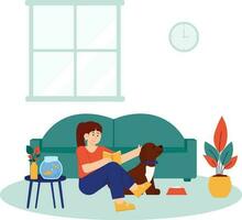 mujer con mascotas relajante en el medio de el casa ilustración vector
