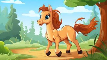 Cute horse in the forest, generated by AI photo