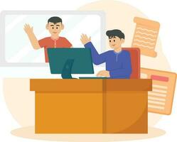 The Two Men Are Conducting Online Meetings Using Computers Illustration vector