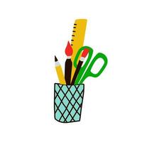 Glass with stationery. Office supply school Office and education equipment vector
