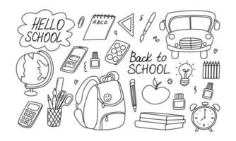 Back to School doodle set. Various school stuff - supplies for art, reading, science, geography, mathematics vector