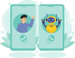 A Man and a Robot Greet Each Other Through a Mobile Function in Artificial Intelligence Illustration vector