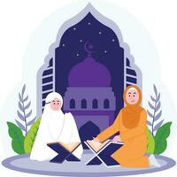 Mother And Daughter Are Reading Quran Illustration vector