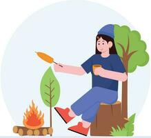 Woman Grilling Corn On A Bonfire Illustration vector