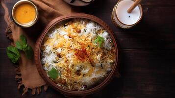 Bowl of rice with meat and vegetables on dark background. Top view, photo