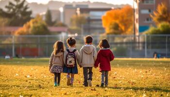 espalda a colegio concepto. colegio niños con mochilas yendo a escuela, generativo ai foto