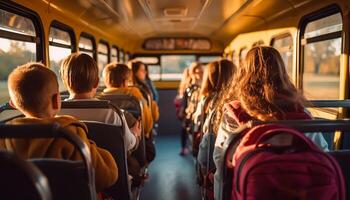 Rear view of a group of kids sitting in the bus and looking at the window, back to school, photo