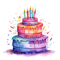 Watercolor Birthday Cake. Illustration AI Generative png