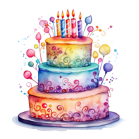 Watercolor Birthday Cake. Illustration AI Generative png