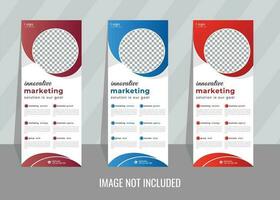 Modern Corporate Roll Up Banner Design Stand Template in multiple eye catching color Red, Blue and Orange for Business corporation or agency with presentation Free Vector