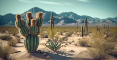 A desert scene with a cactus and mountains in the background. photo