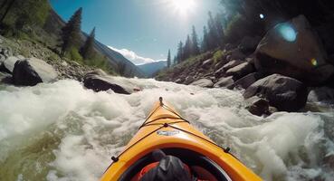 Kayaking in whitewater rapids of mountains river, extreme water sport at outdoor nature, photo