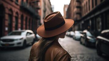 A young woman wearing a hat is walking in the streets of City. photo