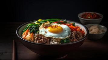 A bowl of bibimbap with a variety of toppings such as vegetables, beef and a fried egg on top. photo