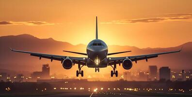 Embracing the Morning Sky, An Airplane's Serene Landing. photo