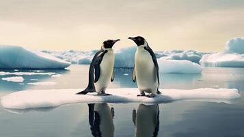 Two penguins stand on melting ice in Arctic Ocean global warming concept, world global planet climate change. photo