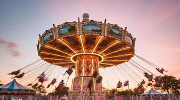 A pink carousel ride spins fast in the air in florida at sunset. Generative AI photo