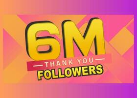 Thank you 6m followers banner, Thanks followers congratulation card, Vector illustration, post, text, gradient background, subscribers, blog, follow, like, vector, thumbnail