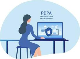 Cyber security and data protection privacy, PDPA Businesswoman secure data management and protect data from hacker attacks and padlock icon to internet technology networking vector illustration