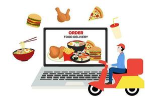 Food delivery ordering concept food picture in laptop screen and delivery man staff vector illustration. Delivery service concept background