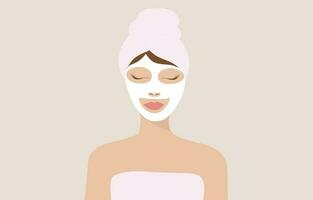 Beautiful woman wearing facial mask sleeping in spa treatment salon isolated vector illustration. Facial spa design concept background