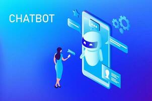 Chatbot technology concept, woman chatting with robot, asking questions and receiving answers. AI assistant support vector illustration Description