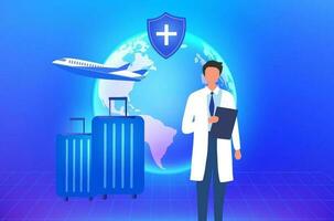 Medical tourism service concept, Doctor with medical insurance protection shield, welcome tourist passenger from global network. vector
