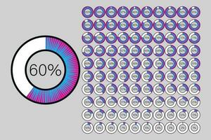 conjunto de circulo porcentaje diagramas desde 0 0 a 100 listo para usar para web diseño, porcentaje, indicador con degradado desde magenta caliente rosado a cian azul vector