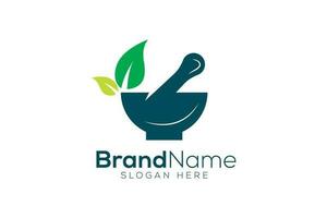 Organic medicine Mortar and pestle logo design template vector