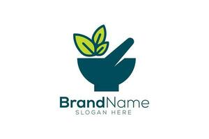 Organic medicine Mortar and pestle logo design template vector