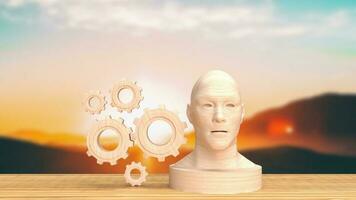 The wood head bust and gear group for business or technology concept 3d rendering photo