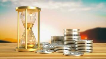 The sand clock and coins  for business concept 3d rendering photo