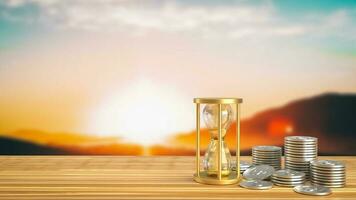 The sand clock and coins  for business concept 3d rendering photo