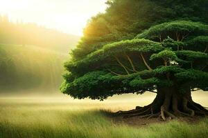 árbol puesta de sol en campo con montaña y nube foto