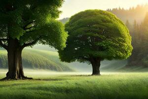 tree sunset in field with mountain and cloud photo