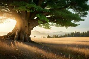 tree sunset in field with mountain and cloud photo